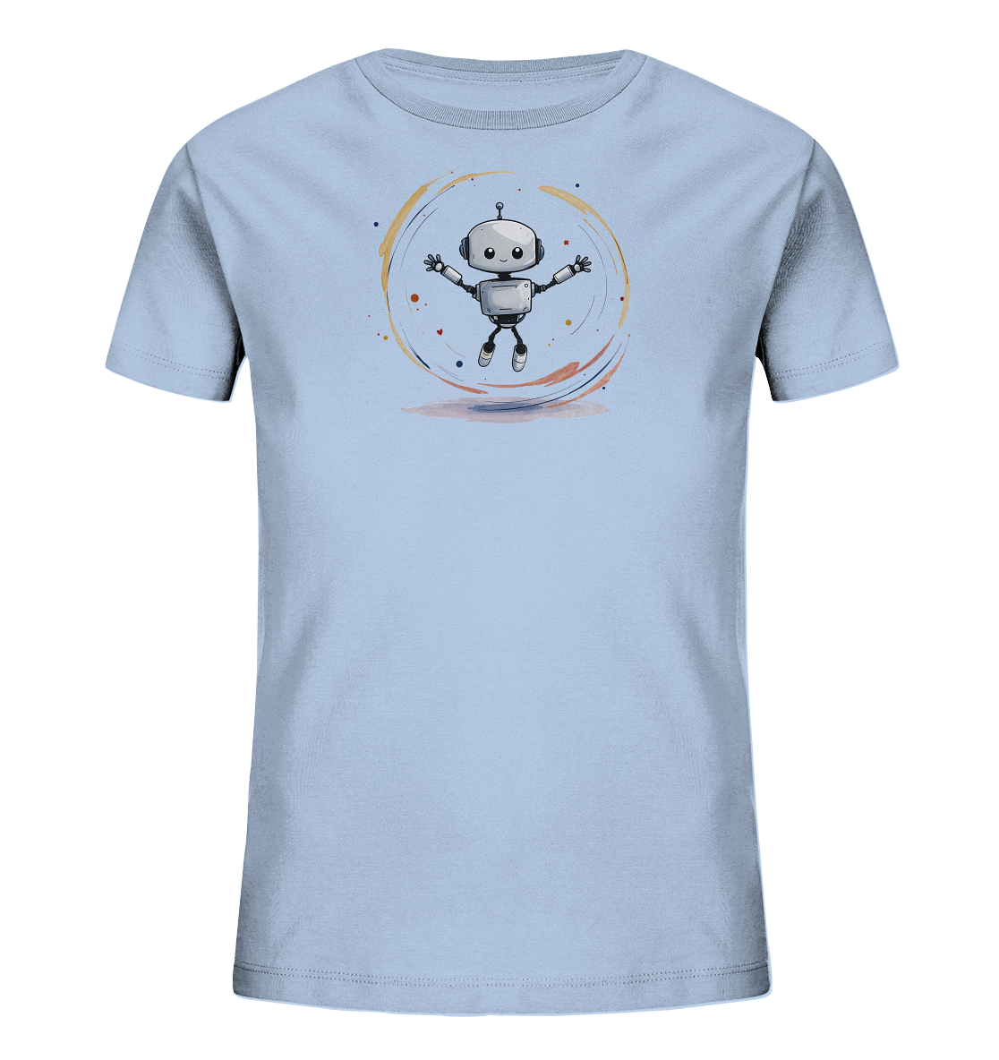 Onlineshop Shirts für Kinder - Das Bild zeigt ein hellblaues T-Shirt für Kinder auf schwarzem Hintergrund. Auf der Vorderseite des Shirts ist eine farbenfrohe Illustration eines kleinen Roboters zu sehen. Der Roboter hat große Augen und ausgebreitete Arme, als würde er springen oder schweben. Um den Roboter herum sind abstrakte Kreise und Farbspritzer in warmen Tönen wie Orange, Gelb und Braun abgebildet, die eine dynamische Bewegung darstellen.