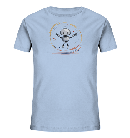 Onlineshop Shirts für Kinder - Das Bild zeigt ein hellblaues T-Shirt für Kinder auf schwarzem Hintergrund. Auf der Vorderseite des Shirts ist eine farbenfrohe Illustration eines kleinen Roboters zu sehen. Der Roboter hat große Augen und ausgebreitete Arme, als würde er springen oder schweben. Um den Roboter herum sind abstrakte Kreise und Farbspritzer in warmen Tönen wie Orange, Gelb und Braun abgebildet, die eine dynamische Bewegung darstellen.