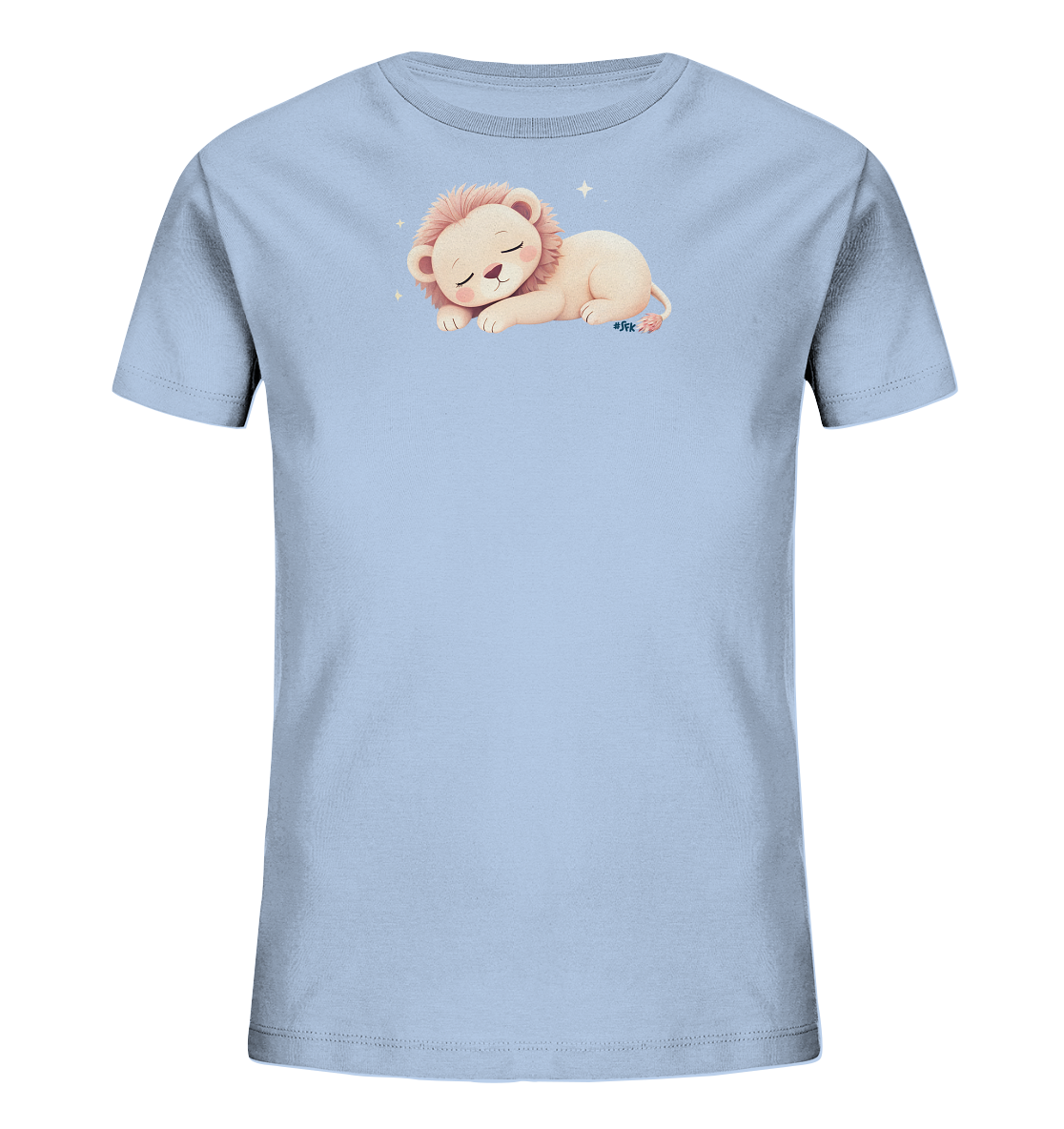 Onlineshop Shirts fuer Kinder - Das Bild zeigt ein hellblaues Kinder-T-Shirt. Auf der Vorderseite ist ein schlafendes, beigefarbenes Loewenjunges mit rosa Maehne abgebildet. Um das suesse Loewenbaby herum sind kleine, glitzernde Sterne zu sehen. Das Design wirkt ruhig und charmant, ideal fuer kleine Traeumer.