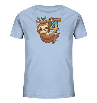 Onlineshop Shirts fuer Kinder - Hellblaues Shirt mit Faultier, das an Ast haengt und bunte Zahl 4 haelt. Kleine Sterne und Punkte umgeben das Motiv.