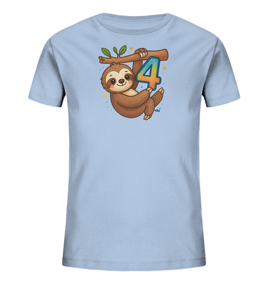 Onlineshop Shirts fuer Kinder - Hellblaues Shirt mit Faultier, das an Ast haengt und bunte Zahl 4 haelt. Kleine Sterne und Punkte umgeben das Motiv.