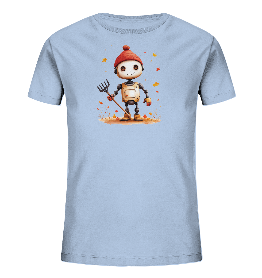 Onlineshop Shirts für Kinder - Das Bild zeigt ein hellblaues T-Shirt für Kinder mit einem Druckmotiv in der Mitte. Zu sehen ist ein freundlicher, cartoonartiger Roboter, der eine rote Mütze und orangefarbene Handschuhe trägt. Der Roboter steht auf einem braunen Untergrund, der von goldenen und roten Herbstblättern umgeben ist und eine kleine Heugabel hält. Die Illustration vermittelt eine fröhliche Herbststimmung.