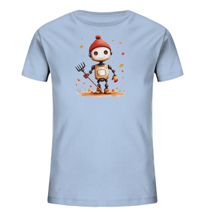 Onlineshop Shirts für Kinder - Das Bild zeigt ein hellblaues T-Shirt für Kinder mit einem Druckmotiv in der Mitte. Zu sehen ist ein freundlicher, cartoonartiger Roboter, der eine rote Mütze und orangefarbene Handschuhe trägt. Der Roboter steht auf einem braunen Untergrund, der von goldenen und roten Herbstblättern umgeben ist und eine kleine Heugabel hält. Die Illustration vermittelt eine fröhliche Herbststimmung.