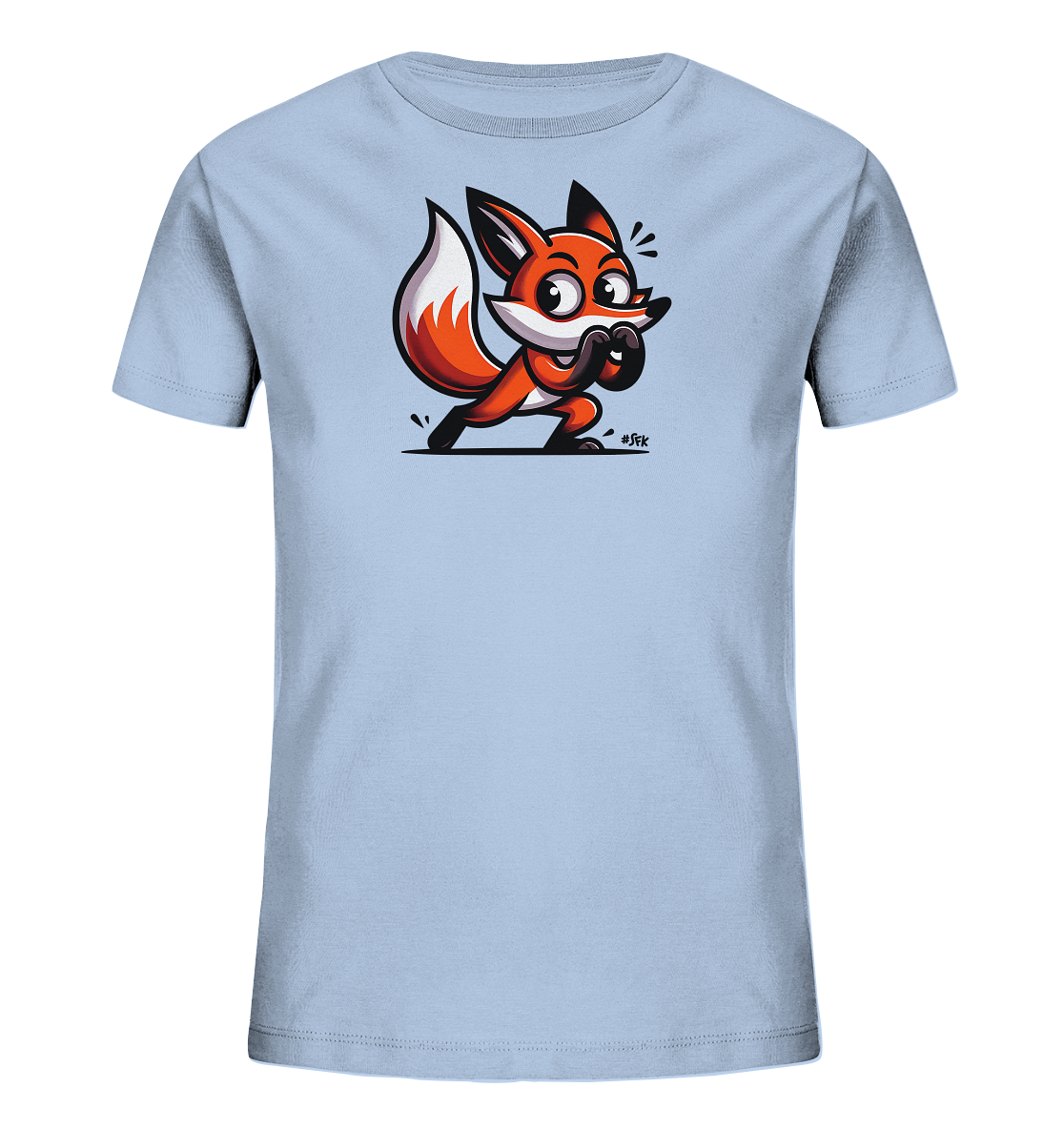 Onlineshop Shirts fuer Kinder - Das Bild zeigt ein hellblaues Kinder-T-Shirt mit einem Comic-Motiv eines Fuchses. Der Fuchs in Orange, Weiss und Schwarz ist in einer geduckten Haltung dargestellt. Er hat grosse Augen und haelt die Pfoten vor seinem Gesicht. Das Design wirkt verspielt und lebhaft.
