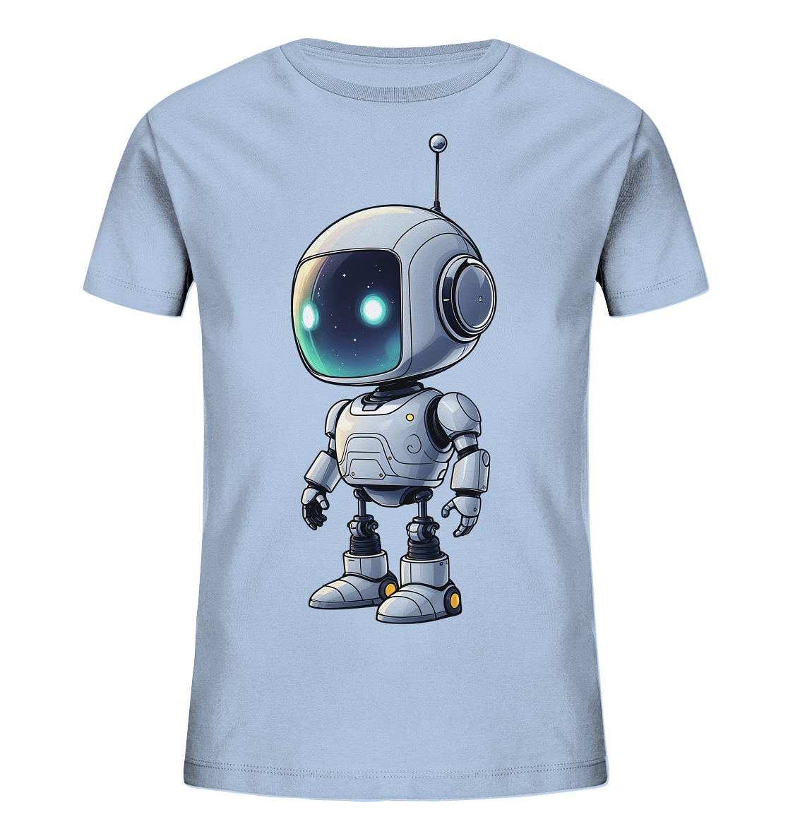 Onlineshop Shirts für Kinder - Das Bild zeigt ein hellblaues Kinder-T-Shirt mit einem freundlichen Roboter-Motiv auf der Vorderseite. Der Roboter ist im Cartoon-Stil gestaltet, hat einen runden Kopf mit einem Visier, das einen Sternenhimmel und leuchtende Augen zeigt. Mit seiner Antenne, den runden Ohren und dem detaillierten Körper wirkt er modern und verspielt. Das Design ist sauber und ansprechend, perfekt für kleine Technik-Fans.