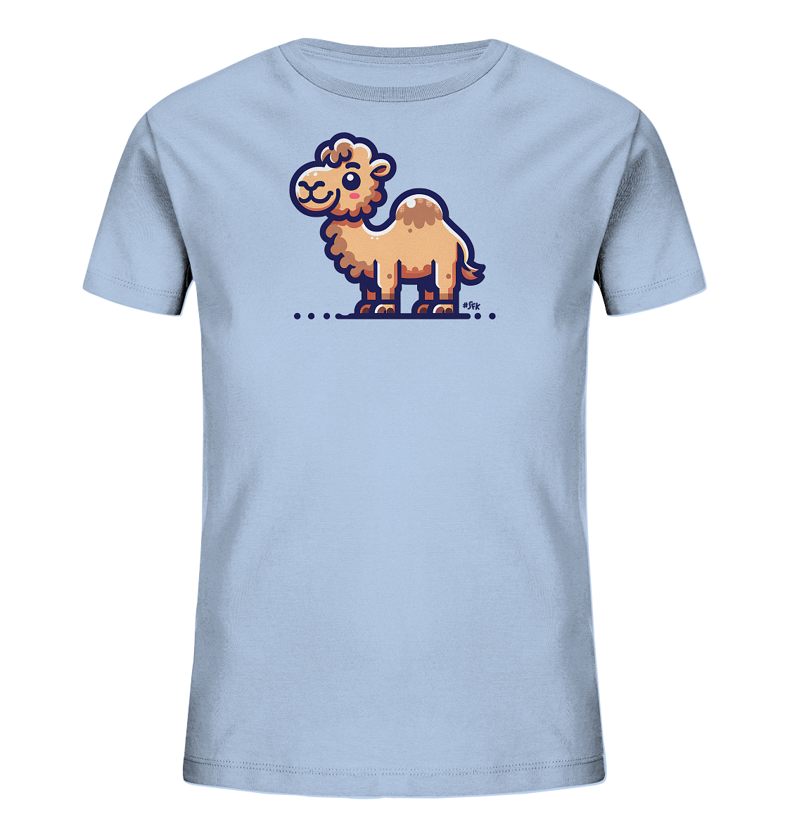 Onlineshop Shirts fuer Kinder - Das helle T-Shirt zeigt auf der Vorderseite die Illustration eines freundlichen, cartoonhaften Kamels. Das Kamel ist detailliert gestaltet mit einer charakteristischen Maehne und einem laechelnden Gesicht. Unter dem Motiv sind kleine Punkte als gestalterisches Element platziert. Die gesamte Grafik wirkt froehlich und kindgerecht.