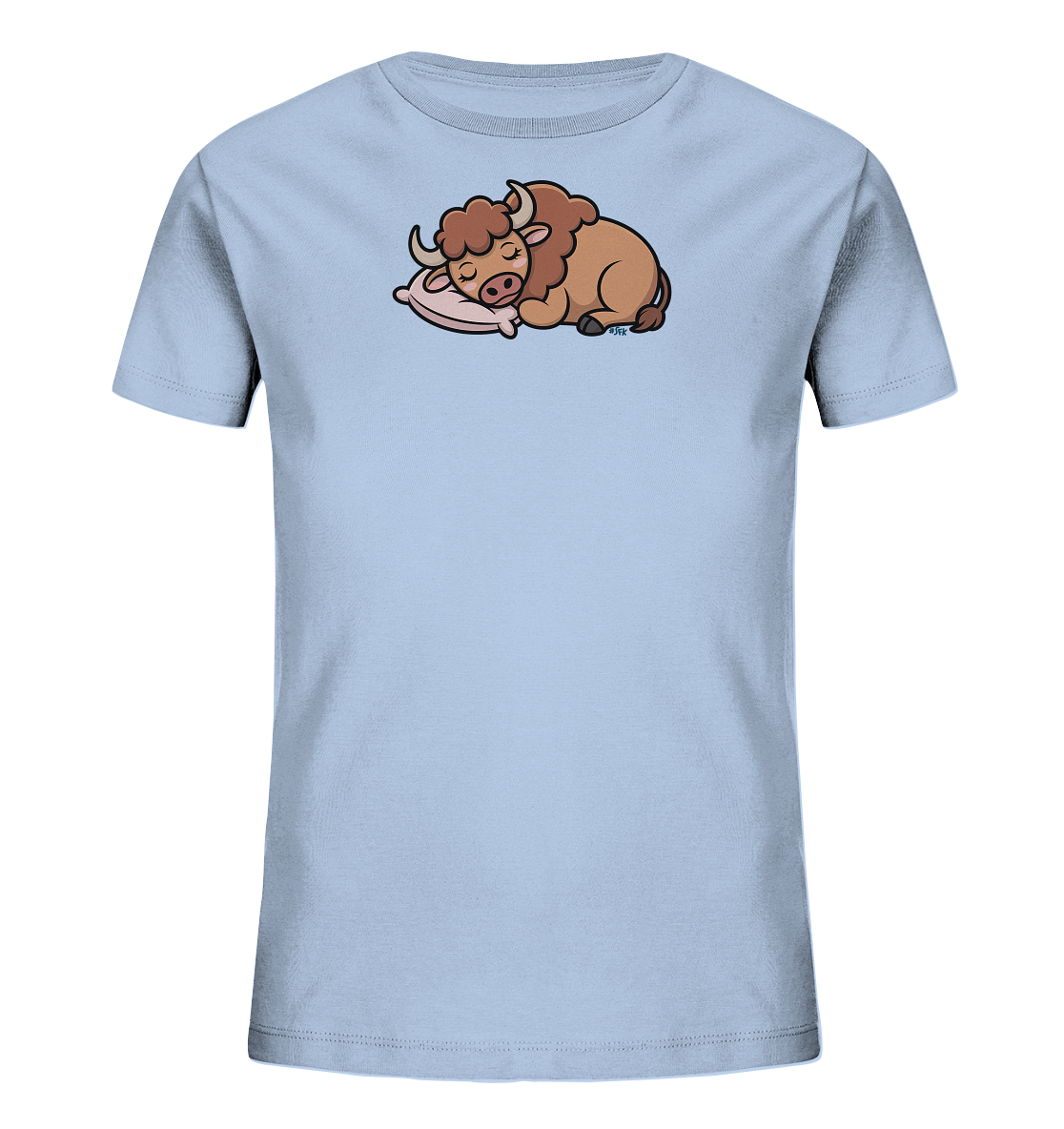 Kinder-T-Shirt mit schlafendem Bison auf rosa Kissen.