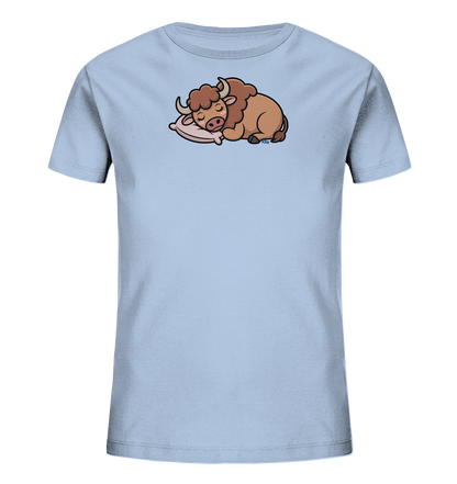 Kinder-T-Shirt mit schlafendem Bison auf rosa Kissen.