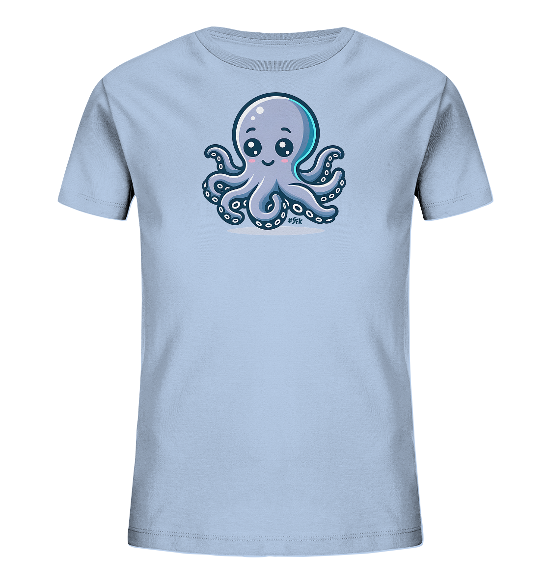 Onlineshop Shirts fuer Kinder - Abgebildet ist ein hellblaues Kinder-T-Shirt mit einem zentral platzierten, niedlichen Oktopus-Motiv. Die grafische Darstellung zeigt einen Oktopus mit grossen, runden Augen, einem kleinen Laecheln und blauen Armen. Das Design wirkt freundlich und verspielt.