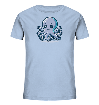 Onlineshop Shirts fuer Kinder - Abgebildet ist ein hellblaues Kinder-T-Shirt mit einem zentral platzierten, niedlichen Oktopus-Motiv. Die grafische Darstellung zeigt einen Oktopus mit grossen, runden Augen, einem kleinen Laecheln und blauen Armen. Das Design wirkt freundlich und verspielt.