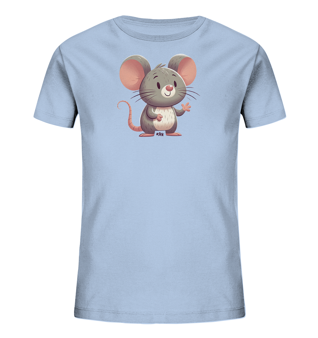 Onlineshop Shirts für Kinder - Das Bild zeigt ein hellblaues, kurzärmeliges T-Shirt für Kinder, das flach ausgelegt ist. Auf der Vorderseite ist eine niedliche, cartoonhafte Illustration einer grauen Maus zu sehen. Die Maus steht aufrecht, hat große rosa Ohren und Wangen und ein freundliches Lächeln im Gesicht. Sie hebt eine Pfote zum Winken, was dem Design eine spielerische und einladende Note verleiht.