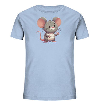 Onlineshop Shirts für Kinder - Das Bild zeigt ein hellblaues, kurzärmeliges T-Shirt für Kinder, das flach ausgelegt ist. Auf der Vorderseite ist eine niedliche, cartoonhafte Illustration einer grauen Maus zu sehen. Die Maus steht aufrecht, hat große rosa Ohren und Wangen und ein freundliches Lächeln im Gesicht. Sie hebt eine Pfote zum Winken, was dem Design eine spielerische und einladende Note verleiht.