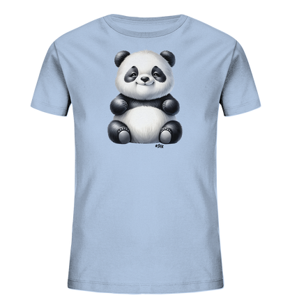 Kinder T-Shirt mit ein sitzender Panda mit schwarz-weißem Fell und freundlichem Lächeln