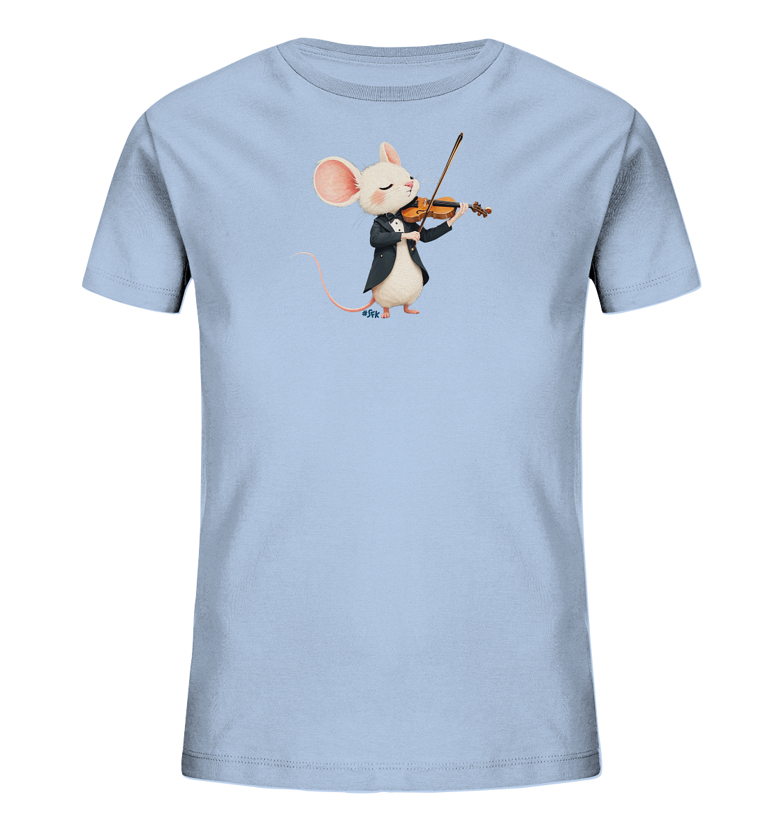 Onlineshop Shirts fuer Kinder - Das Bild zeigt ein hellblaues T-Shirt fuer Kinder mit einem entzueckenden Motiv. Eine weisse Maus, gekleidet in einen schwarzen Frack und Fliege, spielt darauf virtuos Violine. Das detailreiche Design wirkt verspielt und laedt zum Traeumen ein. Es ist ein charmantes Kleidungsstueck fuer junge Musikliebhaber.
