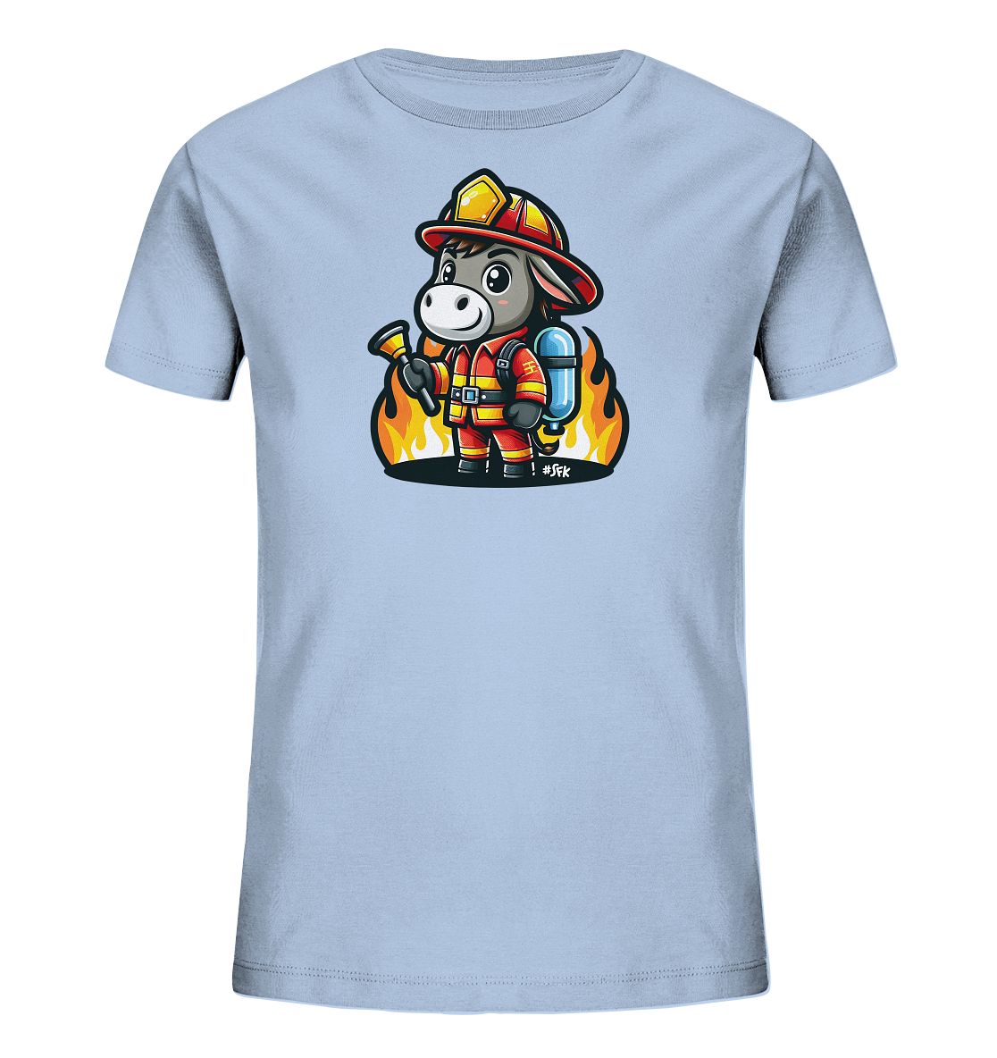 Kinder T-Shirt mit ein freundlicher Esel als Feuerwehrmann mit Helm, Anzug und Schlauch
