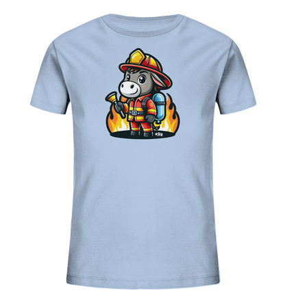 Kinder T-Shirt mit ein freundlicher Esel als Feuerwehrmann mit Helm, Anzug und Schlauch