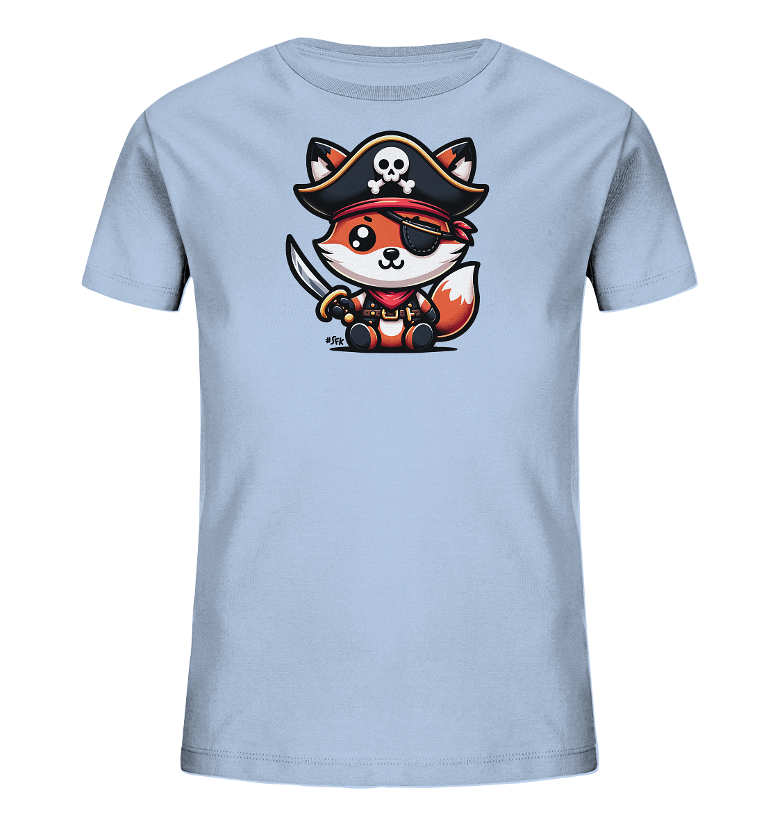 Onlineshop Shirts fuer Kinder - Das Bild zeigt ein hellblaues T-Shirt mit einem niedlichen Aufdruck. Der Aufdruck zeigt einen Cartoon-Fuchs, der als Pirat verkleidet ist. Der Fuchs traegt einen Piratenhut, eine Augenklappe und haelt ein Schwert in der Pfote. Die Darstellung ist farbenfroh und detailreich, passend fuer Kinderkleidung.