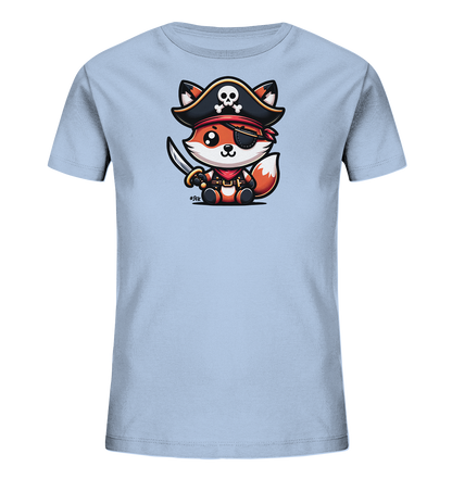 Onlineshop Shirts fuer Kinder - Das Bild zeigt ein hellblaues T-Shirt mit einem niedlichen Aufdruck. Der Aufdruck zeigt einen Cartoon-Fuchs, der als Pirat verkleidet ist. Der Fuchs traegt einen Piratenhut, eine Augenklappe und haelt ein Schwert in der Pfote. Die Darstellung ist farbenfroh und detailreich, passend fuer Kinderkleidung.