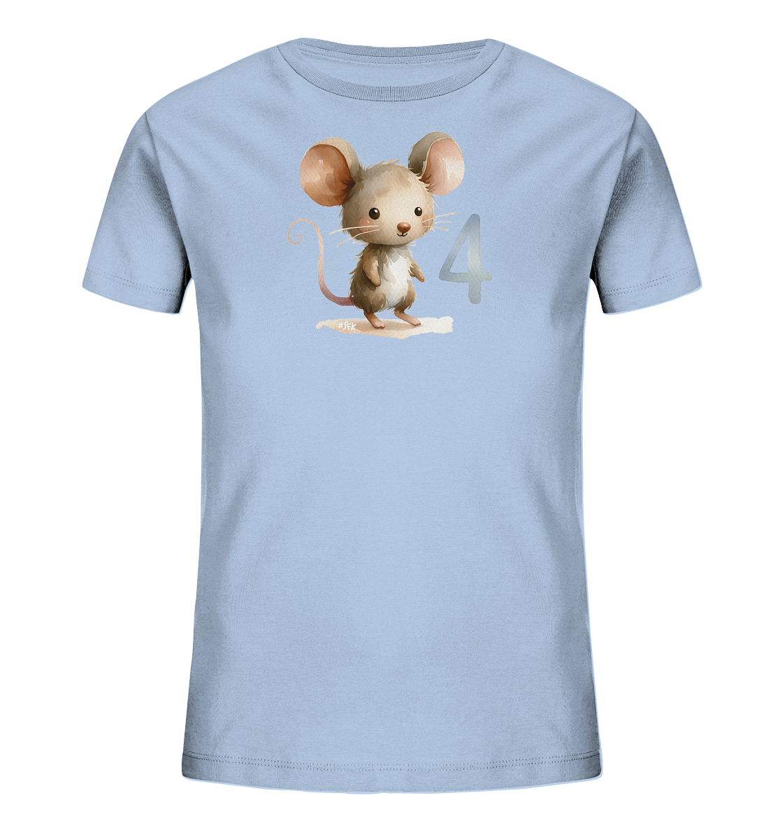 Onlineshop Shirts fuer Kinder - Das Bild zeigt ein hellblaues Kinder-T-Shirt mit einem niedlichen Aufdruck auf der Vorderseite. Zu sehen ist eine cartoonartige Maus mit grossen Ohren, die auf einer kleinen Flaeche steht. Neben der Maus ist die grosse Zahl '4' in einem hellgrauen Farbton abgebildet. Das gesamte Motiv wirkt freundlich und ansprechend.