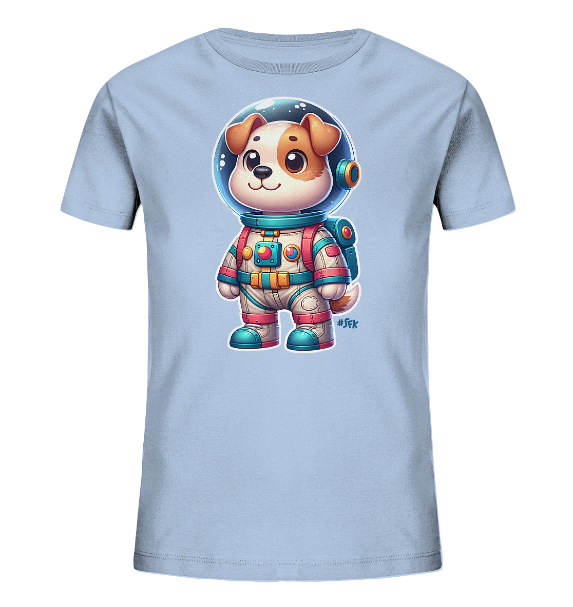 Onlineshop Shirts fuer Kinder - Das Bild zeigt ein hellblaues Kinder T-Shirt mit einer niedlichen Grafik eines Cartoon-Hundes in einem Astronautenanzug. Der Hund traegt einen weissen Raumanzug mit farbigen Akzenten in Tuerkis, Rot und Gelb sowie einen Helm mit durchsichtigem Visier. Das Design ist detailreich und verleiht dem Shirt einen verspielten und abenteuerlichen Look. Ein Rucksack ist ebenfalls Teil des Astronautenanzugs.