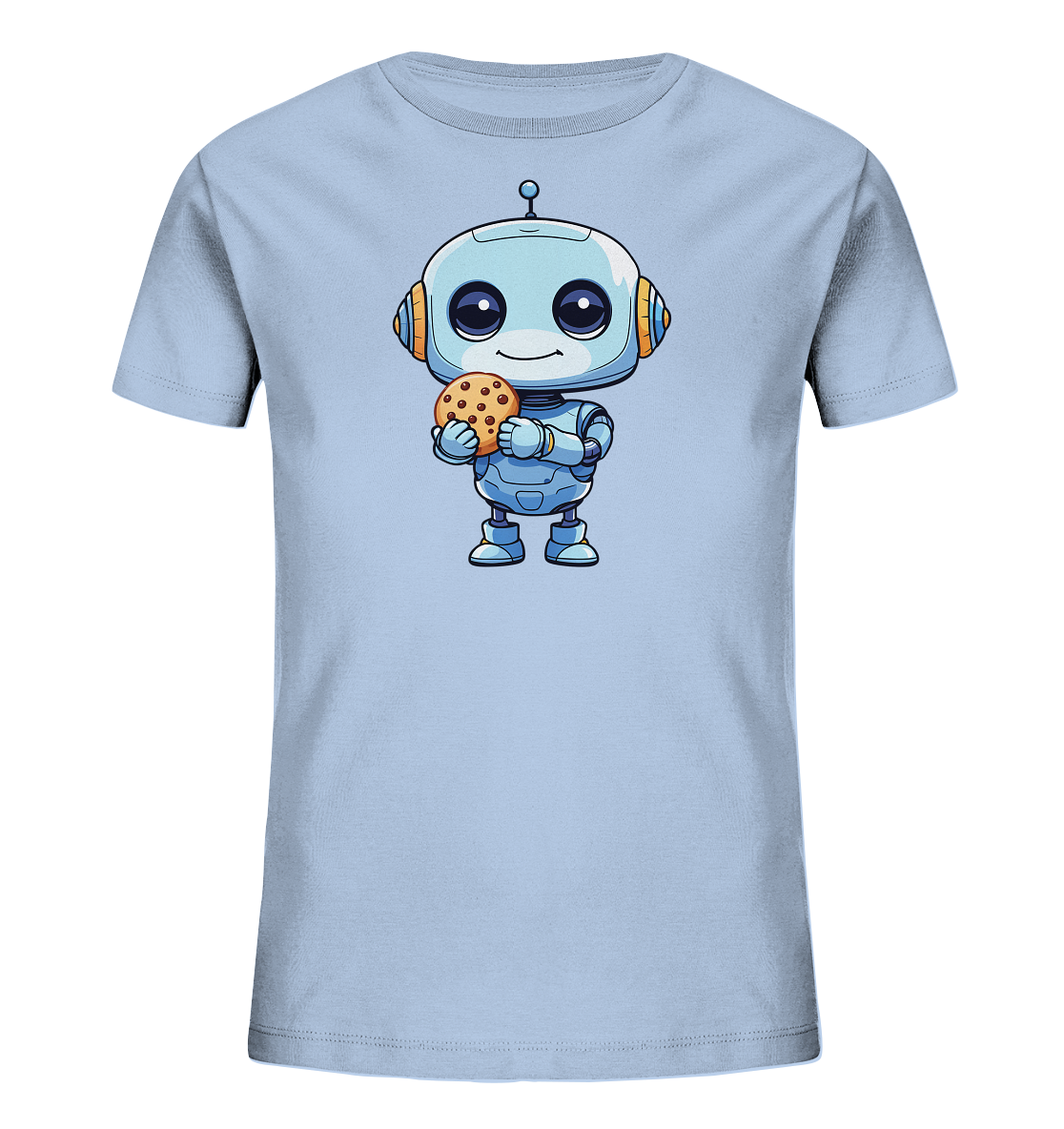 Onlineshop Shirts für Kinder - Das Bild zeigt ein hellblaues T-Shirt für Kinder, das auf der Vorderseite mit einer niedlichen Roboterillustration bedruckt ist. Der Cartoon-Roboter hat große Augen, ein freundliches Lächeln und hält einen großen Keks mit Schokostückchen in seinen Händen. Das Design ist farbenfroh gestaltet und wirkt sehr ansprechend. Dieses T-Shirt ist ein verspieltes Kleidungsstück für Kinder, die Roboter und Süßigkeiten mögen.