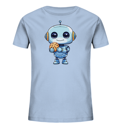 Onlineshop Shirts für Kinder - Das Bild zeigt ein hellblaues T-Shirt für Kinder, das auf der Vorderseite mit einer niedlichen Roboterillustration bedruckt ist. Der Cartoon-Roboter hat große Augen, ein freundliches Lächeln und hält einen großen Keks mit Schokostückchen in seinen Händen. Das Design ist farbenfroh gestaltet und wirkt sehr ansprechend. Dieses T-Shirt ist ein verspieltes Kleidungsstück für Kinder, die Roboter und Süßigkeiten mögen.