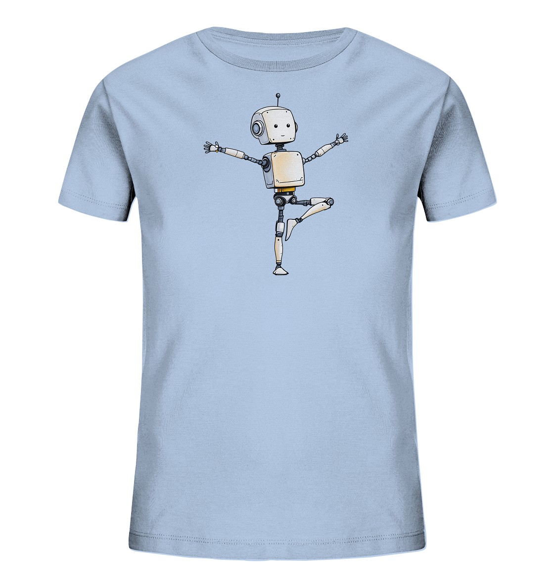 Onlineshop Shirts für Kinder - Das Bild zeigt ein hellblaues Kinder-T-Shirt mit einem zentralen Druck auf der Vorderseite. Der Druck stellt einen stilisierten, cartoonhaften Roboter dar, der auf einem Bein balanciert. Die Arme des Roboters sind ausgebreitet, was eine dynamische und verspielte Pose ergibt. Der Roboter hat einen einfachen, freundlichen Gesichtsausdruck und eine Antenne auf dem Kopf, und seine Gliedmaßen sind detailliert gezeichnet.