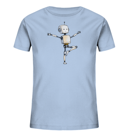 Onlineshop Shirts für Kinder - Das Bild zeigt ein hellblaues Kinder-T-Shirt mit einem zentralen Druck auf der Vorderseite. Der Druck stellt einen stilisierten, cartoonhaften Roboter dar, der auf einem Bein balanciert. Die Arme des Roboters sind ausgebreitet, was eine dynamische und verspielte Pose ergibt. Der Roboter hat einen einfachen, freundlichen Gesichtsausdruck und eine Antenne auf dem Kopf, und seine Gliedmaßen sind detailliert gezeichnet.
