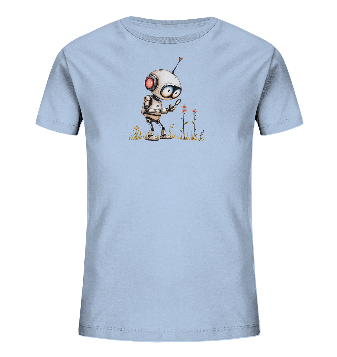 Onlineshop Shirts für Kinder - Das Bild zeigt ein hellblaues Kinder-T-Shirt mit einem detailreichen Aufdruck auf der Vorderseite. Der Aufdruck zeigt einen kleinen, freundlich aussehenden Roboter mit roten Akzenten. Der Roboter steht im Gras und betrachtet mit einer Lupe aufmerksam einige kleine Blumen. Das Design wirkt neutral und passt gut zu einem naturwissenschaftlich oder technisch interessierten Kind.