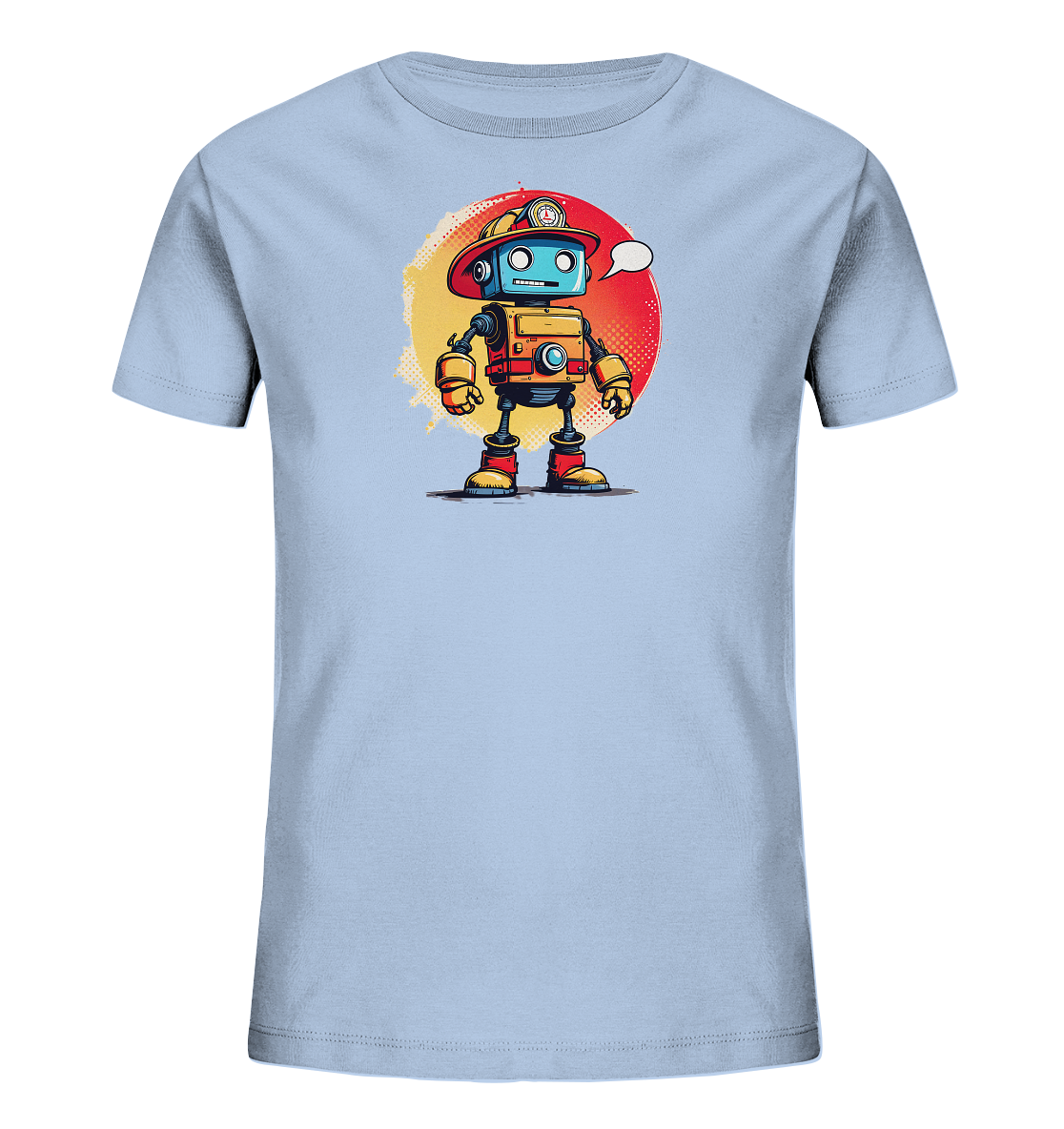 Onlineshop Shirts für Kinder - Das Bild zeigt ein hellblaues Kinder-T-Shirt mit einem farbenfrohen Motiv auf der Vorderseite. Zu sehen ist ein freundlich wirkender Roboter im Comic-Stil, der einen roten Feuerwehrhelm trägt. Der Roboter ist in leuchtenden Farben wie Rot, Orange, Gelb und Blau gestaltet und steht vor einem gelb-roten, kreisförmigen Hintergrund. Eine Sprechblase erscheint neben seinem Kopf, was dem Design eine verspielte Note verleiht.
