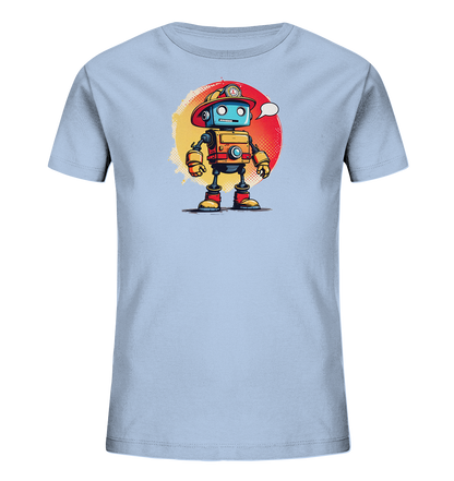 Onlineshop Shirts für Kinder - Das Bild zeigt ein hellblaues Kinder-T-Shirt mit einem farbenfrohen Motiv auf der Vorderseite. Zu sehen ist ein freundlich wirkender Roboter im Comic-Stil, der einen roten Feuerwehrhelm trägt. Der Roboter ist in leuchtenden Farben wie Rot, Orange, Gelb und Blau gestaltet und steht vor einem gelb-roten, kreisförmigen Hintergrund. Eine Sprechblase erscheint neben seinem Kopf, was dem Design eine verspielte Note verleiht.