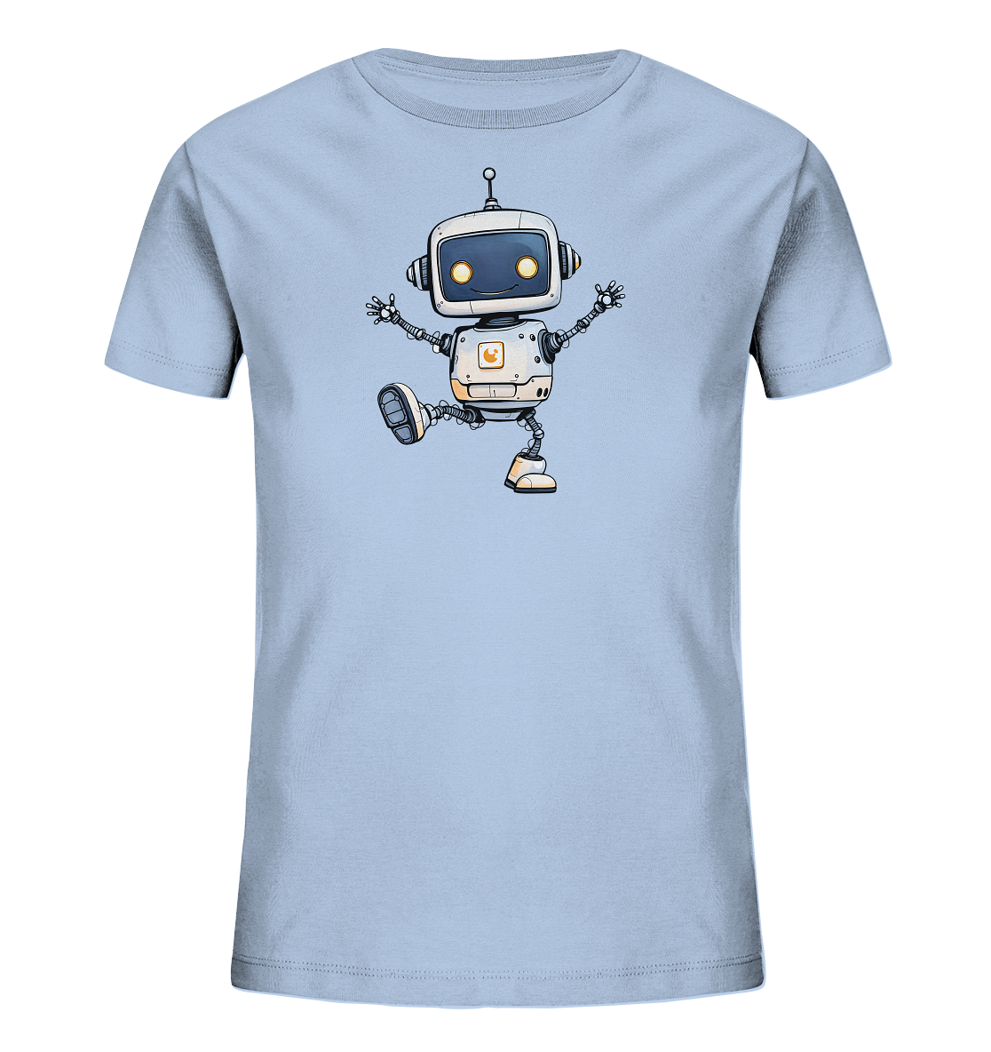 Kinder-T-Shirt mit freundlichem Cartoon-Roboter in Bewegung.
