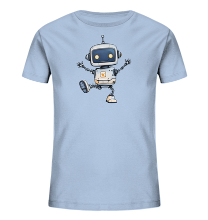 Kinder-T-Shirt mit freundlichem Cartoon-Roboter in Bewegung.