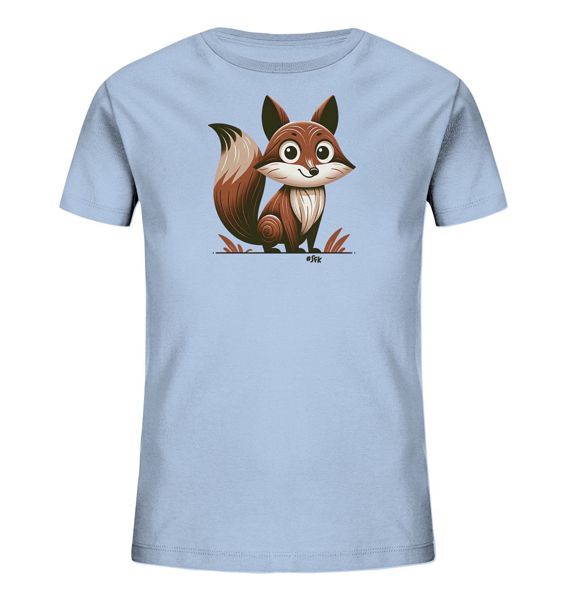 Onlineshop Shirts fuer Kinder - Das Bild zeigt ein hellblaues Kinder-T-Shirt mit einem Grafikdruck auf der Vorderseite. Die Grafik stellt einen suessen, cartoonhaften Fuchs dar, der aufrecht mit einem freundlichen Gesichtsausdruck sitzt. Der Fuchs hat braunes Fell, grosse Ohren, einen buschigen Schwanz und ist von stilisiertem Gras umgeben. Dieses froehliche Design ist ansprechend fuer Kinder.