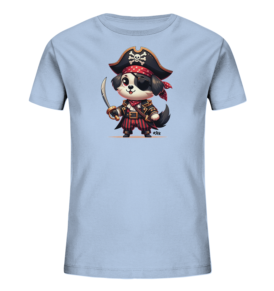 Kinder T-Shirt mit Cartoon-Piratenhund, Augenklappe, Hut und Säbel