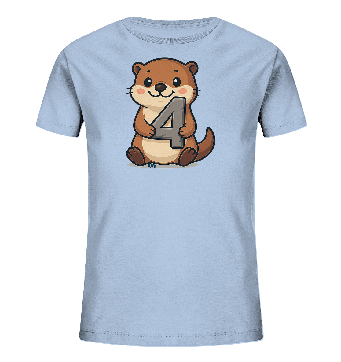 Onlineshop Shirts fuer Kinder - Das Bild zeigt ein hellblaues Kinder-T-Shirt mit einer niedlichen Illustration. Ein freundlicher, cartoonhafter Otter sitzt und haelt eine grosse, graue Zahl Vier vor sich. Das Design wirkt verspielt und froehlich, passend fuer kleine Otter-Fans.