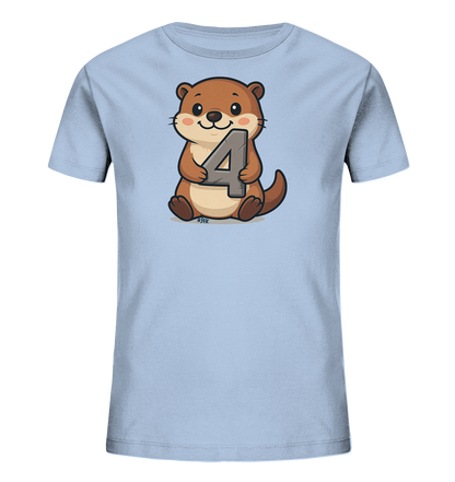 Onlineshop Shirts fuer Kinder - Das Bild zeigt ein hellblaues Kinder-T-Shirt mit einer niedlichen Illustration. Ein freundlicher, cartoonhafter Otter sitzt und haelt eine grosse, graue Zahl Vier vor sich. Das Design wirkt verspielt und froehlich, passend fuer kleine Otter-Fans.