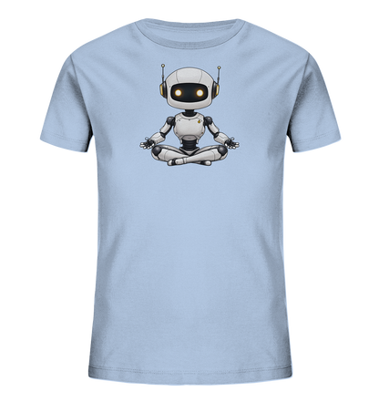 Onlineshop Shirts für Kinder - Dieses Bild zeigt ein hellblaues T-Shirt für Kinder mit einem einzigartigen Aufdruck auf der Vorderseite. Der Aufdruck stellt einen freundlichen, cartoonhaften Roboter in meditierender Pose dar. Der Roboter ist überwiegend weiß und grau mit leuchtenden gelben Augen und kleinen Antennen. Dieses Design verleiht dem T-Shirt einen modernen und zugleich ruhigen Charakter, der zum Nachdenken anregen kann.