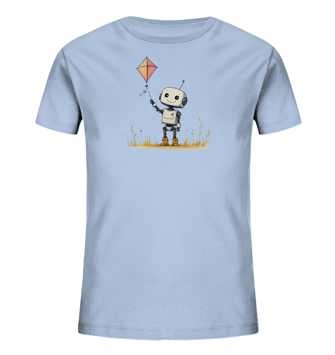 Onlineshop Shirts für Kinder - Das Bild zeigt ein hellblaues Kinder-T-Shirt mit einem aufgedruckten Motiv auf der Vorderseite. Die Illustration zeigt einen niedlichen, lächelnden Roboter in einem Feld mit gelbem Gras. Der Roboter hält die Schnur eines orangefarbenen Drachens in der Hand. Das Design ist farbenfroh und hat einen verspielten Charakter, der gut zu Kinderkleidung passt.