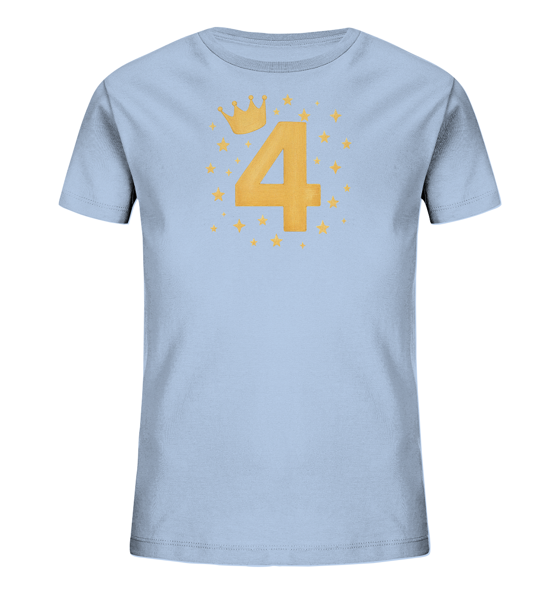 Onlineshop Shirts fuer Kinder - Das Bild zeigt ein hellblaues T-Shirt fuer Kinder. Auf der Vorderseite ist eine grosse goldene Zahl '4' zu sehen. Über der Zahl ist eine goldene Krone platziert. Das Design ist von mehreren goldenen Sternen umgeben, was dem Shirt einen festlichen Look verleiht.
