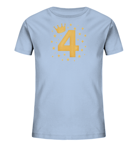 Onlineshop Shirts fuer Kinder - Das Bild zeigt ein hellblaues T-Shirt fuer Kinder. Auf der Vorderseite ist eine grosse goldene Zahl '4' zu sehen. Über der Zahl ist eine goldene Krone platziert. Das Design ist von mehreren goldenen Sternen umgeben, was dem Shirt einen festlichen Look verleiht.