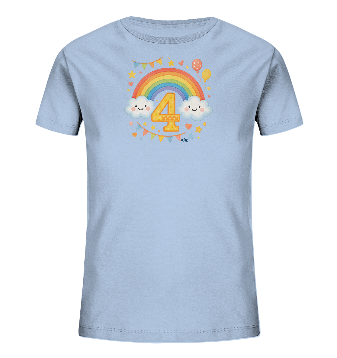 Onlineshop Shirts fuer Kinder - Das Bild zeigt ein hellblaues Kinder-T-Shirt mit einem farbenfrohen Motiv. Zentral ist die Zahl '4', umrahmt von einem Regenbogen und zwei laechelnden Wolken. Das Design ist mit Sternen, Herzen, Luftballons und Wimpeln verziert. Es vermittelt eine froehliche und festliche Stimmung, passend fuer einen besonderen Anlass wie einen Geburtstag.