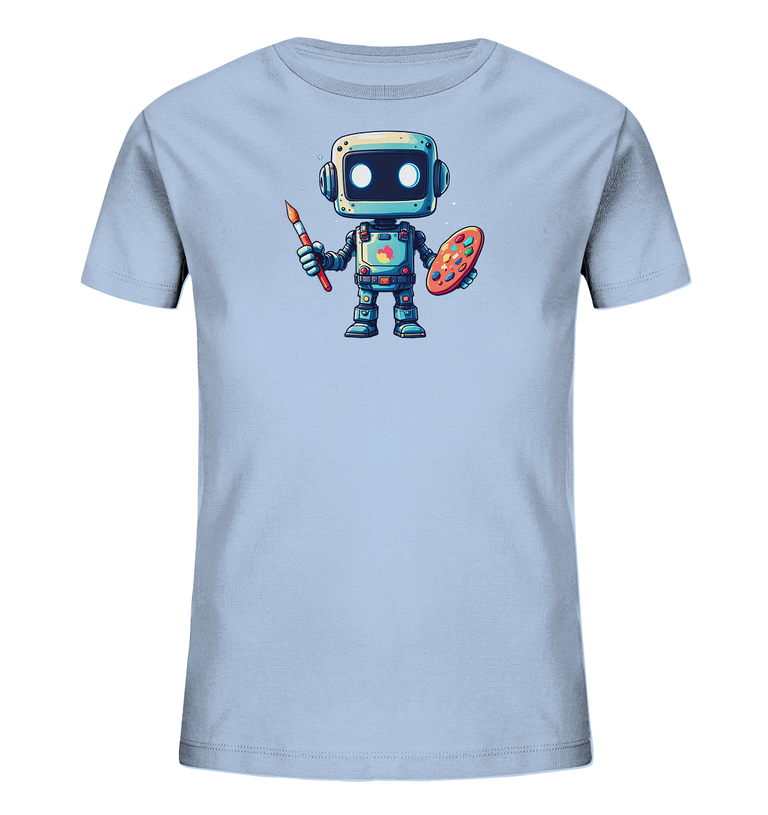 Onlineshop Shirts für Kinder - Das Bild zeigt ein hellblaues T-Shirt für Kinder mit einem farbigen Aufdruck auf der Vorderseite. Die Illustration stellt einen freundlich wirkenden Roboter im Cartoon-Stil dar. Der Roboter hält in der rechten Hand einen Pinsel und in der linken Hand eine Farbpalette. Das Design ist detailreich gestaltet und verwendet verschiedene leuchtende Farben für den Roboter und die Palette.