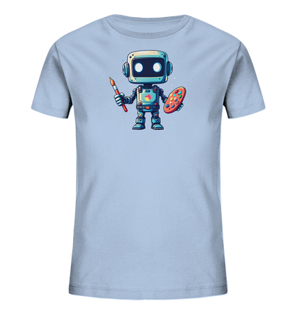 Onlineshop Shirts für Kinder - Das Bild zeigt ein hellblaues T-Shirt für Kinder mit einem farbigen Aufdruck auf der Vorderseite. Die Illustration stellt einen freundlich wirkenden Roboter im Cartoon-Stil dar. Der Roboter hält in der rechten Hand einen Pinsel und in der linken Hand eine Farbpalette. Das Design ist detailreich gestaltet und verwendet verschiedene leuchtende Farben für den Roboter und die Palette.