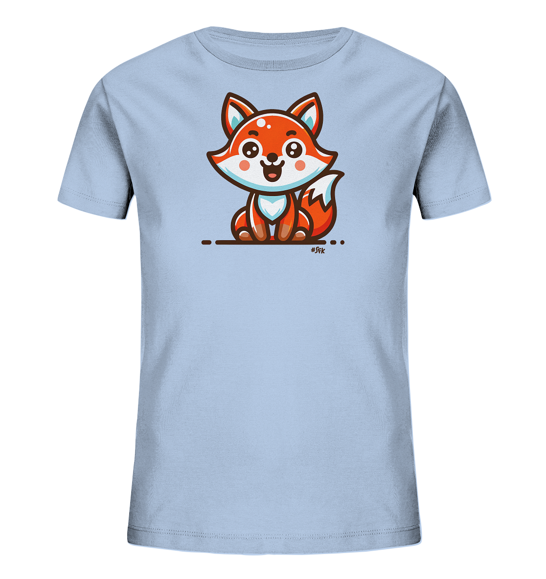 Onlineshop Shirts fuer Kinder - Das Bild zeigt ein hellblaues Kinder-T-Shirt mit einem niedlichen, cartoonhaften Fuchsmotiv auf der Vorderseite. Der kleine Fuchs sitzt aufrecht und laechelt freundlich in die Kamera. Das Design besticht durch warme Orange- und Blautoene sowie expressive grosse Augen. Eine schlichte Linie mit Punkten ergaenzt das verspielte Motiv.