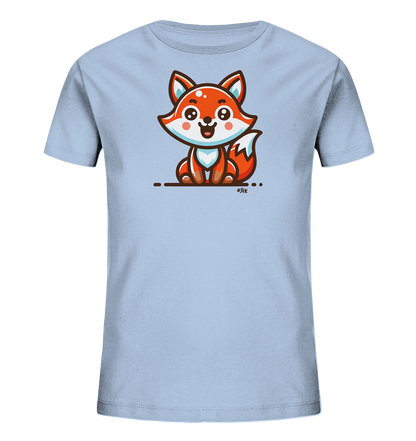 Onlineshop Shirts fuer Kinder - Das Bild zeigt ein hellblaues Kinder-T-Shirt mit einem niedlichen, cartoonhaften Fuchsmotiv auf der Vorderseite. Der kleine Fuchs sitzt aufrecht und laechelt freundlich in die Kamera. Das Design besticht durch warme Orange- und Blautoene sowie expressive grosse Augen. Eine schlichte Linie mit Punkten ergaenzt das verspielte Motiv.