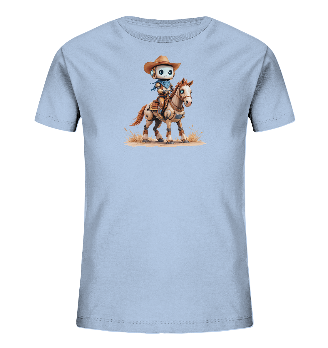 Onlineshop Shirts für Kinder - Das Bild zeigt ein hellblaues T-Shirt mit einem einzigartigen Aufdruck auf der Vorderseite. Dieser Aufdruck stellt einen freundlichen Roboter dar, der als Cowboy gekleidet ist. Der Roboter mit seinem Hut und Halstuch reitet auf einem Pferd, das interessante mechanische Details aufweist. Die Illustration im Comic-Stil ist detailreich gestaltet und zeigt die Szene auf einem sandigen Boden mit trockenen Grashalmen.