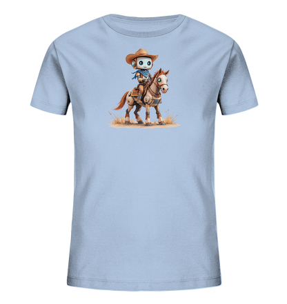 Onlineshop Shirts für Kinder - Das Bild zeigt ein hellblaues T-Shirt mit einem einzigartigen Aufdruck auf der Vorderseite. Dieser Aufdruck stellt einen freundlichen Roboter dar, der als Cowboy gekleidet ist. Der Roboter mit seinem Hut und Halstuch reitet auf einem Pferd, das interessante mechanische Details aufweist. Die Illustration im Comic-Stil ist detailreich gestaltet und zeigt die Szene auf einem sandigen Boden mit trockenen Grashalmen.