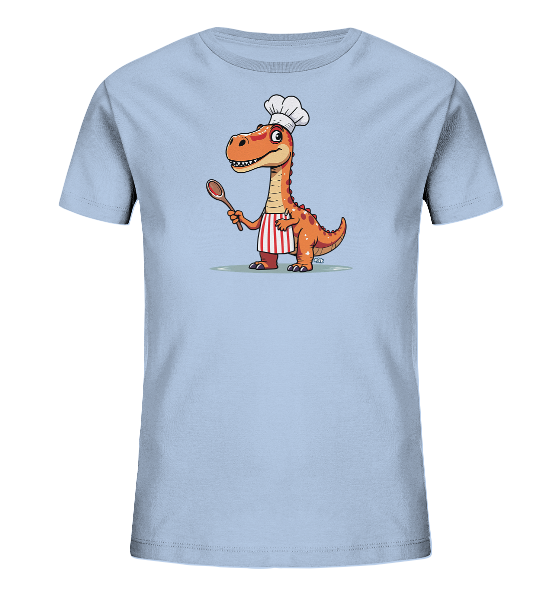 Onlineshop Shirts fuer Kinder - Das Bild zeigt ein hellblaues T-Shirt fuer Kinder mit einem Comic-Dinosaurier als Motiv. Der orangefarbene Dinosaurier traegt eine Kochmuetze und eine gestreifte Schuerze. Er haelt einen Holzloeffel in der Hand und laechelt freundlich. Das Design ist verspielt und thematisiert das Kochen auf kindgerechte Weise.