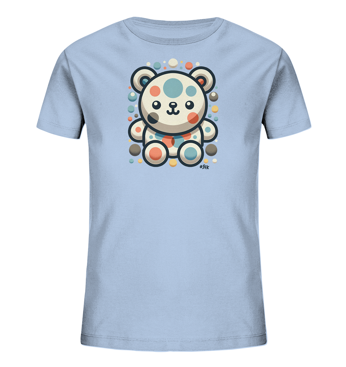 Onlineshop Shirts fuer Kinder - Das Bild zeigt ein hellblaues T-Shirt fuer Kinder mit einem niedlichen Comic-Baer-Motiv auf der Vorderseite. Der Baer ist weiss mit bunten Punkten und umgeben von vielen kleinen, farbigen Kreisen. Das Design ist froehlich und kinderfreundlich gestaltet.